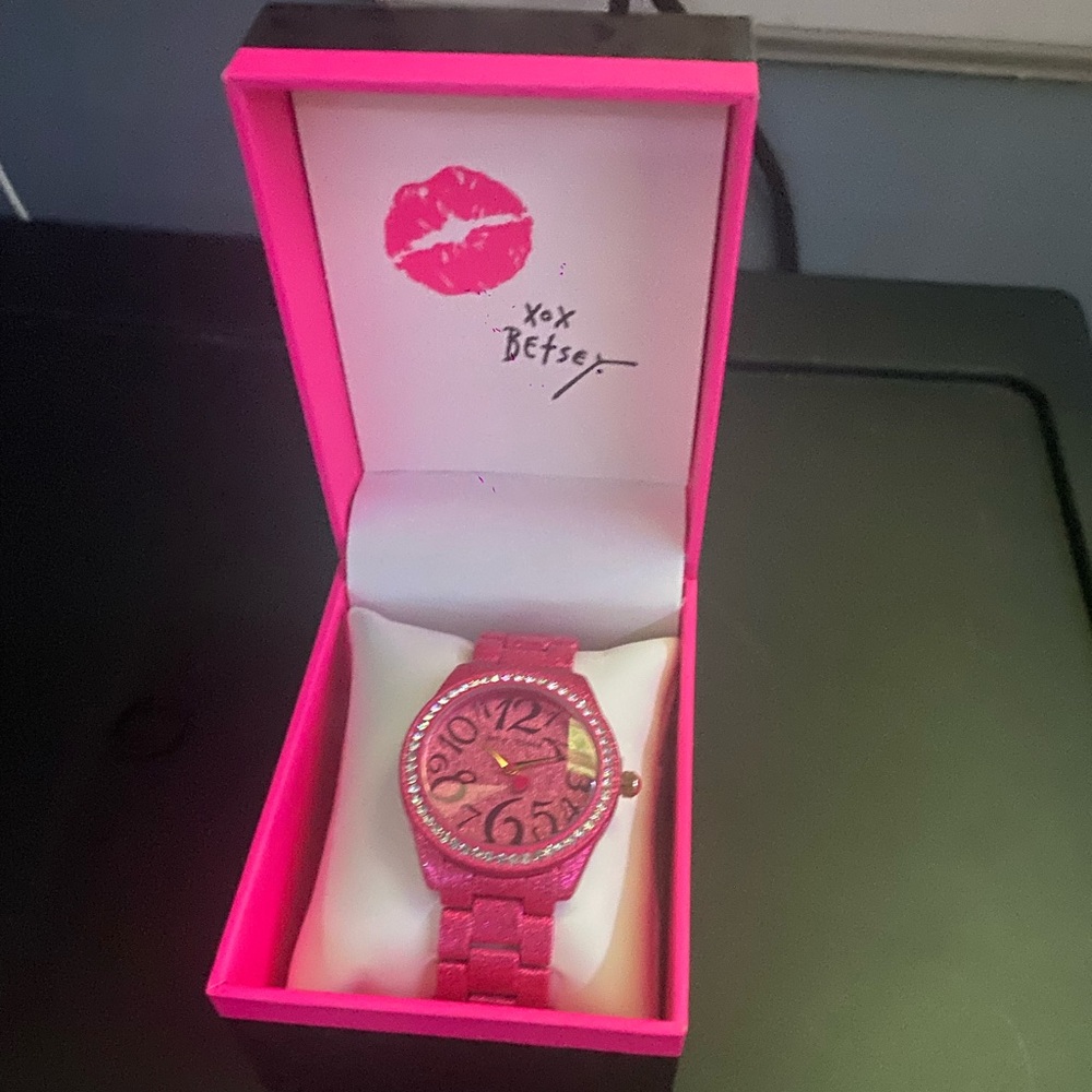 Betsey Johnson Vibrant Pink Watch with Crystal Accents